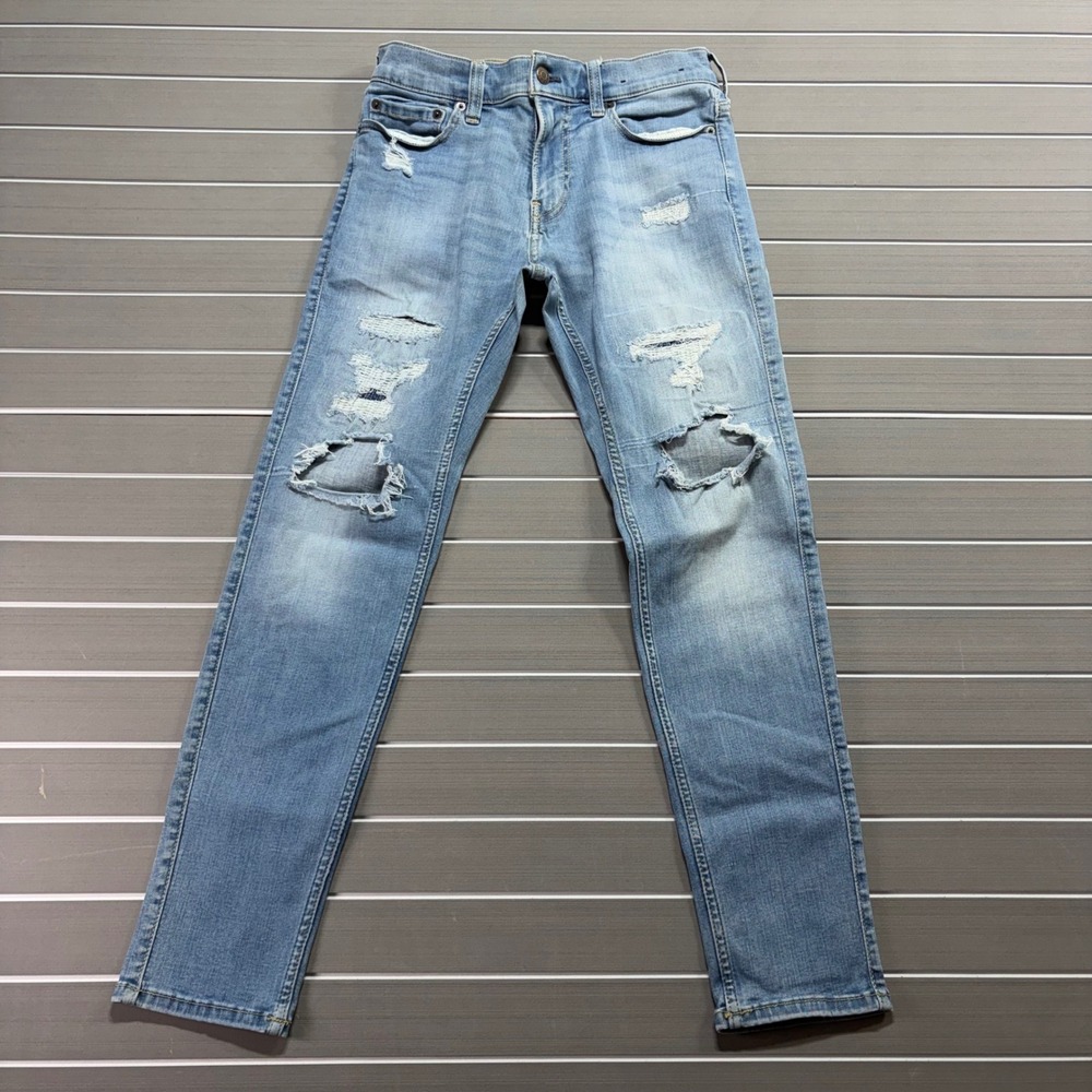 Hollister Mens Skinny Jeans 29x27 HEMED Light Wash‎ Distressed Extreme Stretch